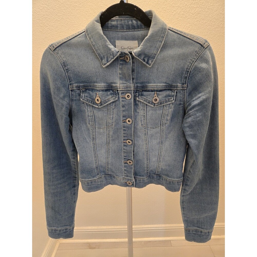 Jessica Simpson Denim Jacket L Blue Trucker Jean Fitted Cropped Coquette Womens